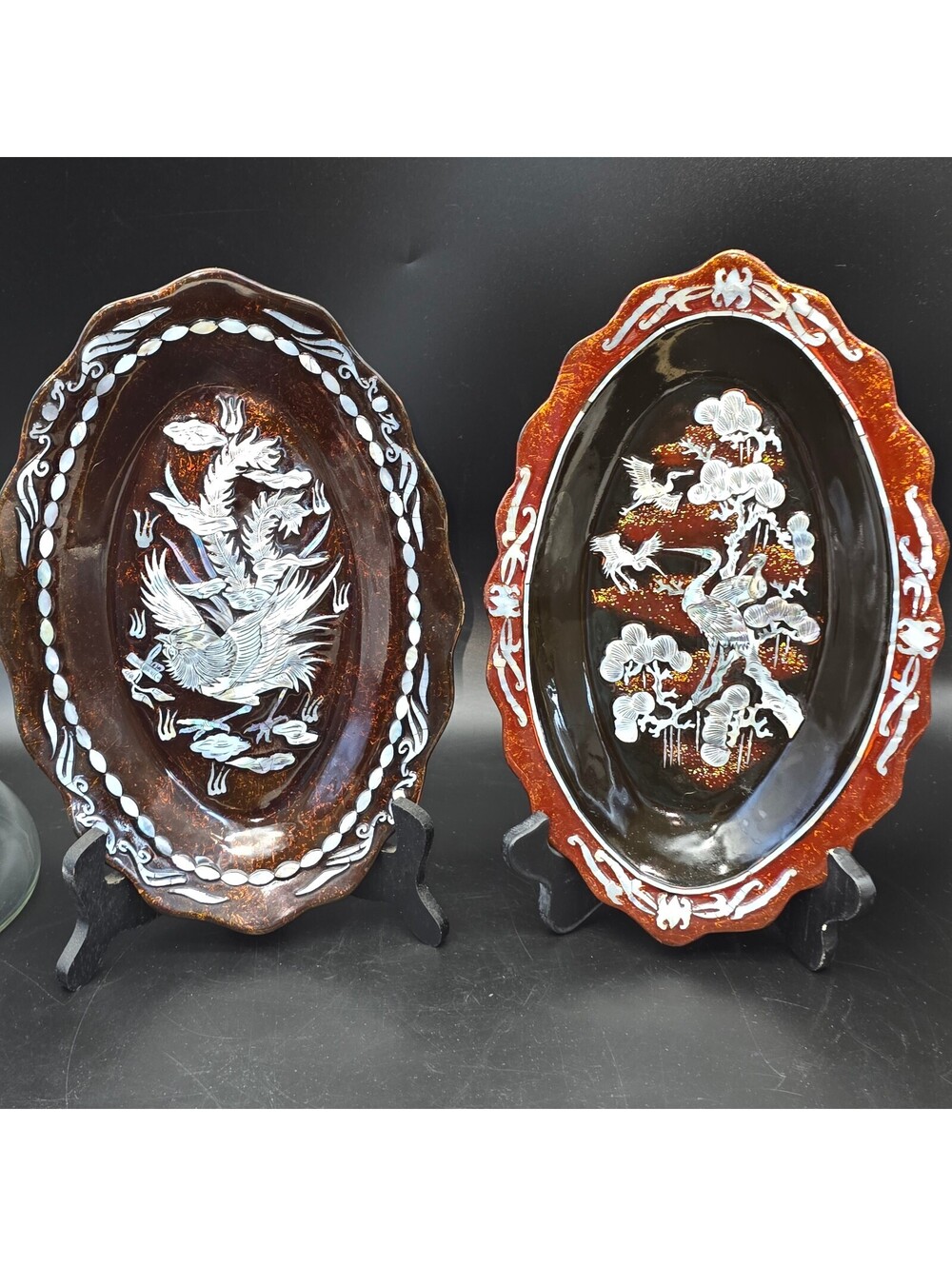 Vtg Asian Mother of Pearl Lacquer Wall Plaques Pair Phoenix Crane Bird Inlay 11”